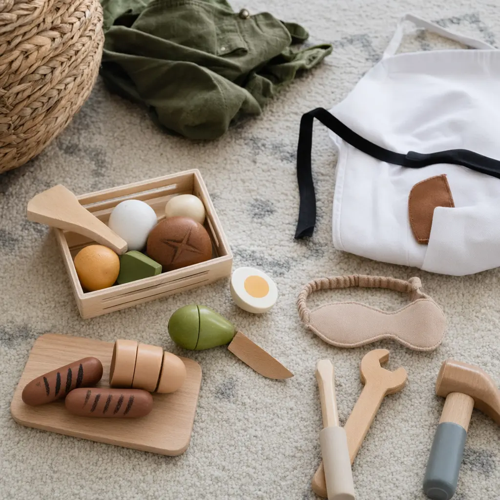 Pretend play accessories like toy food and costumes laid out for imaginative play