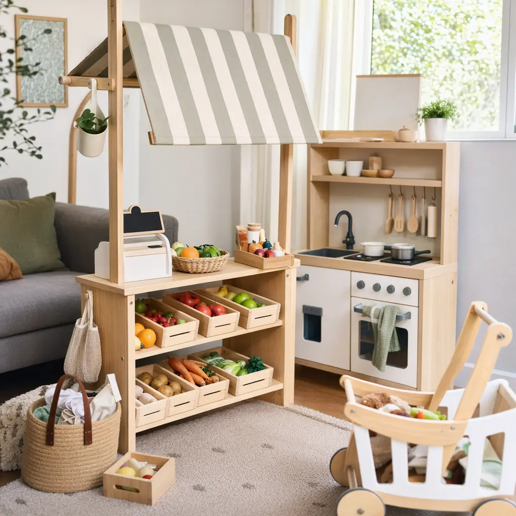 Combined pretend play sets arranged to show flexible play options