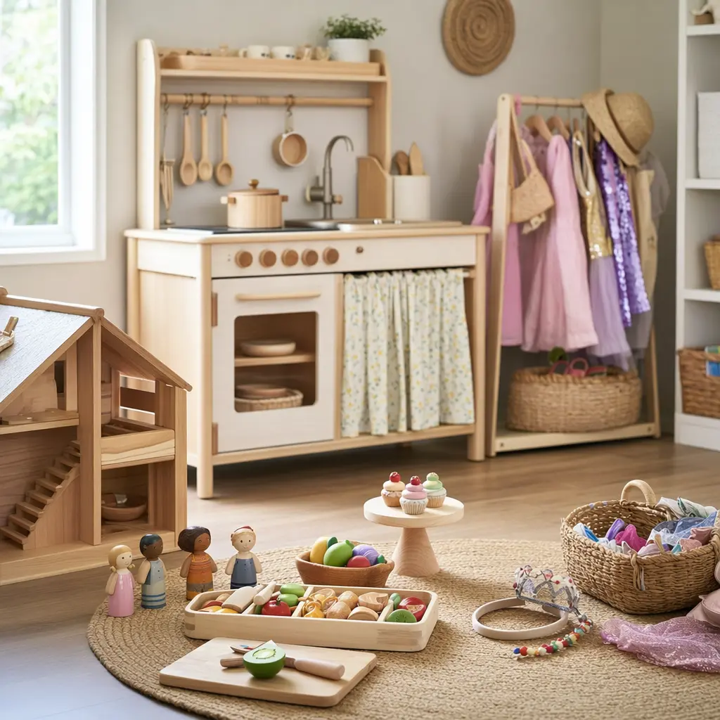 Open-ended pretend play sets arranged in a bright playroom for young children