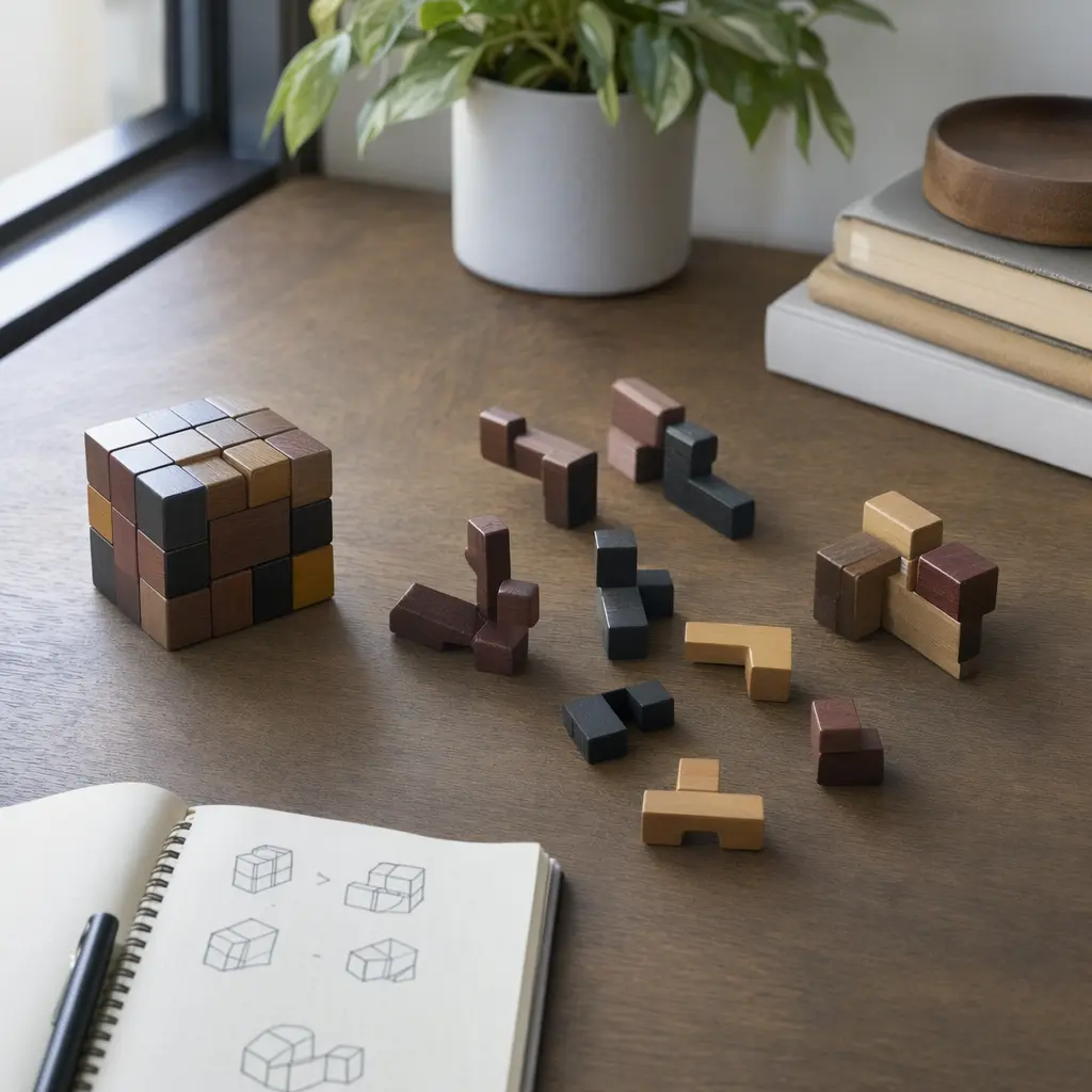 Multi-stage puzzle pieces rearranged to create a new challenge