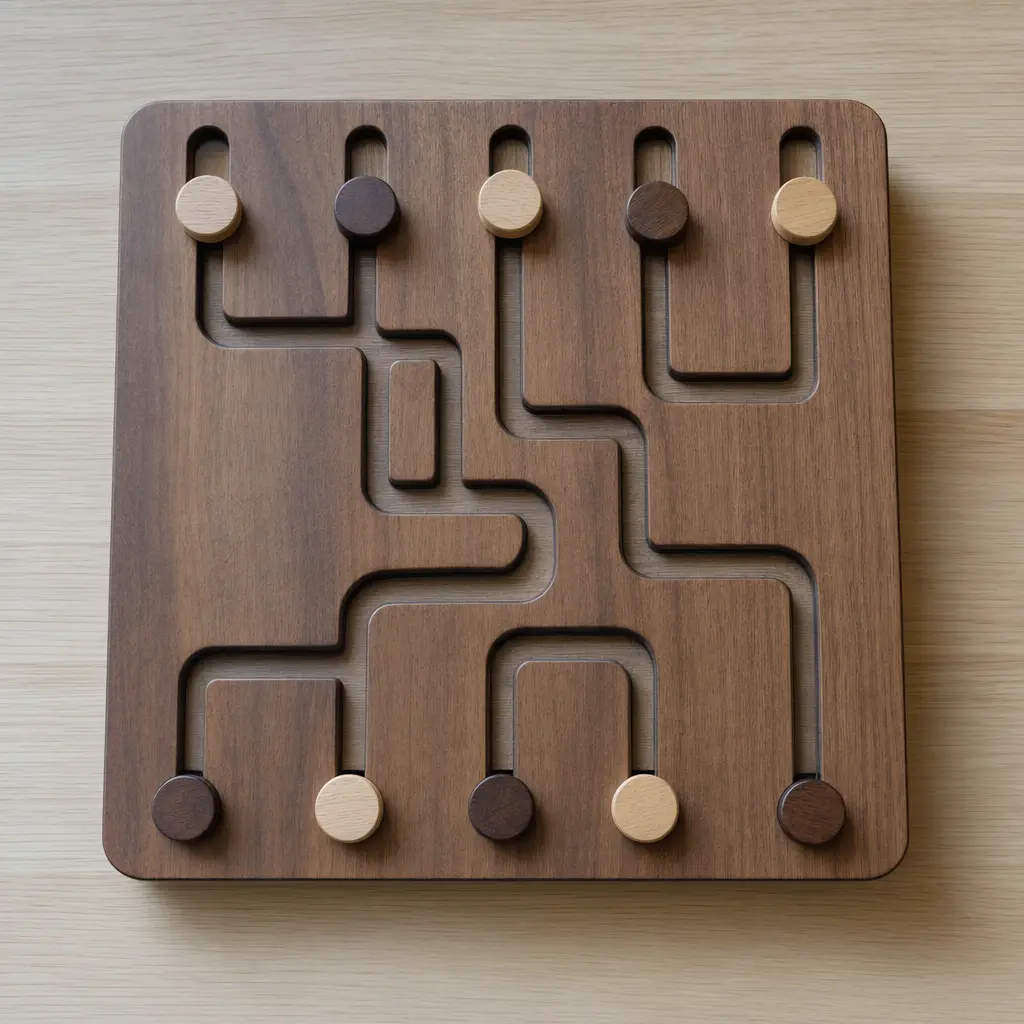 Close-up of a wooden logic puzzle with sliding pieces