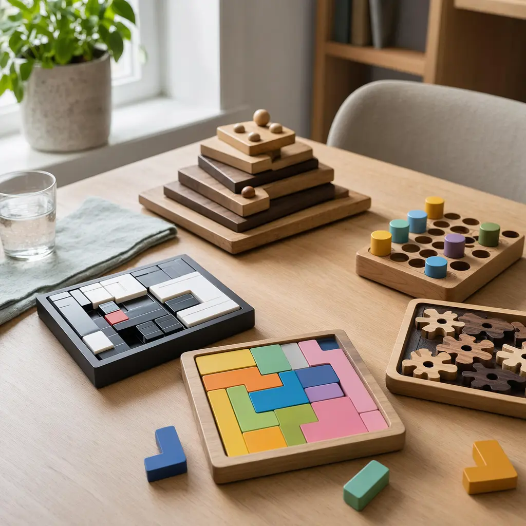 Interactive puzzles with layered and movable pieces arranged on a table