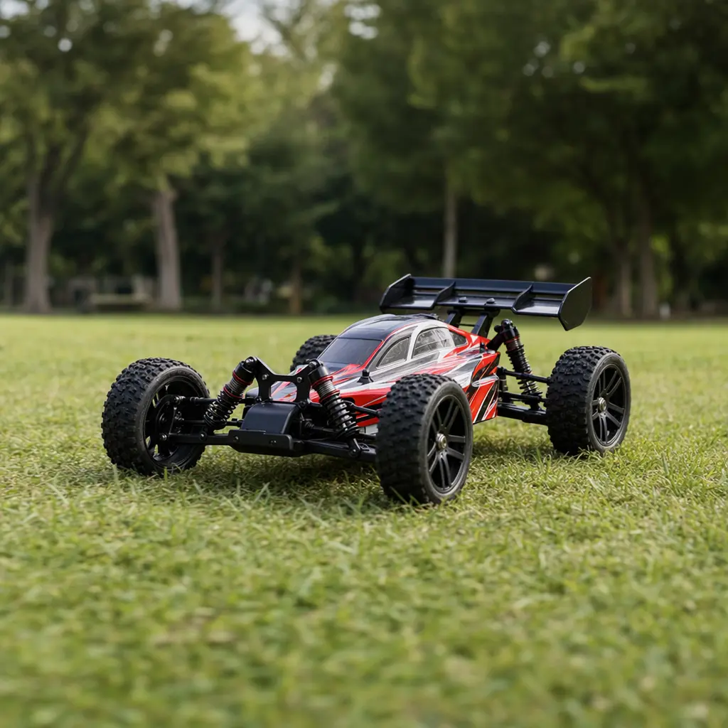 RC car driving across grass outdoors
