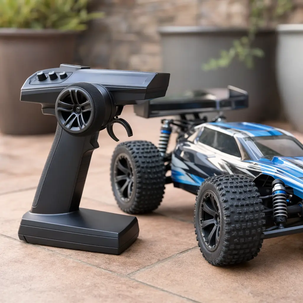RC car and controller placed on an outdoor patio