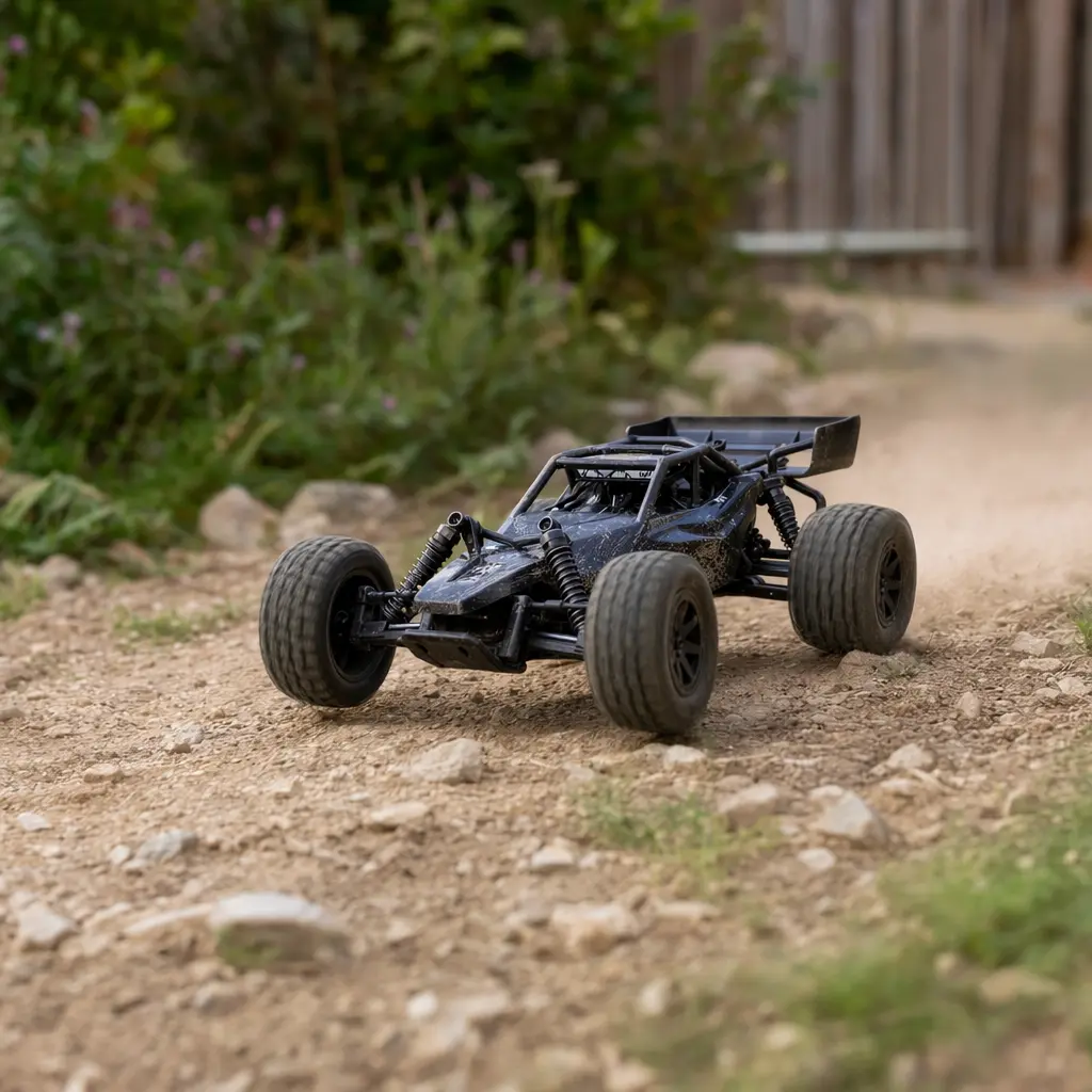 Remote control car driving on an outdoor dirt path in natural light