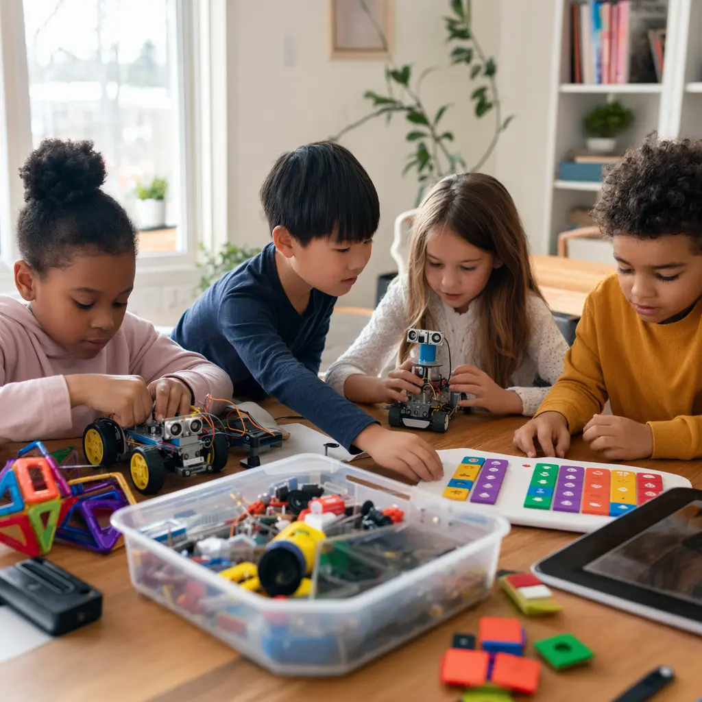 Children ages six to eight playing with hands-on STEM toys like building sets, science kits, and coding blocks at a table