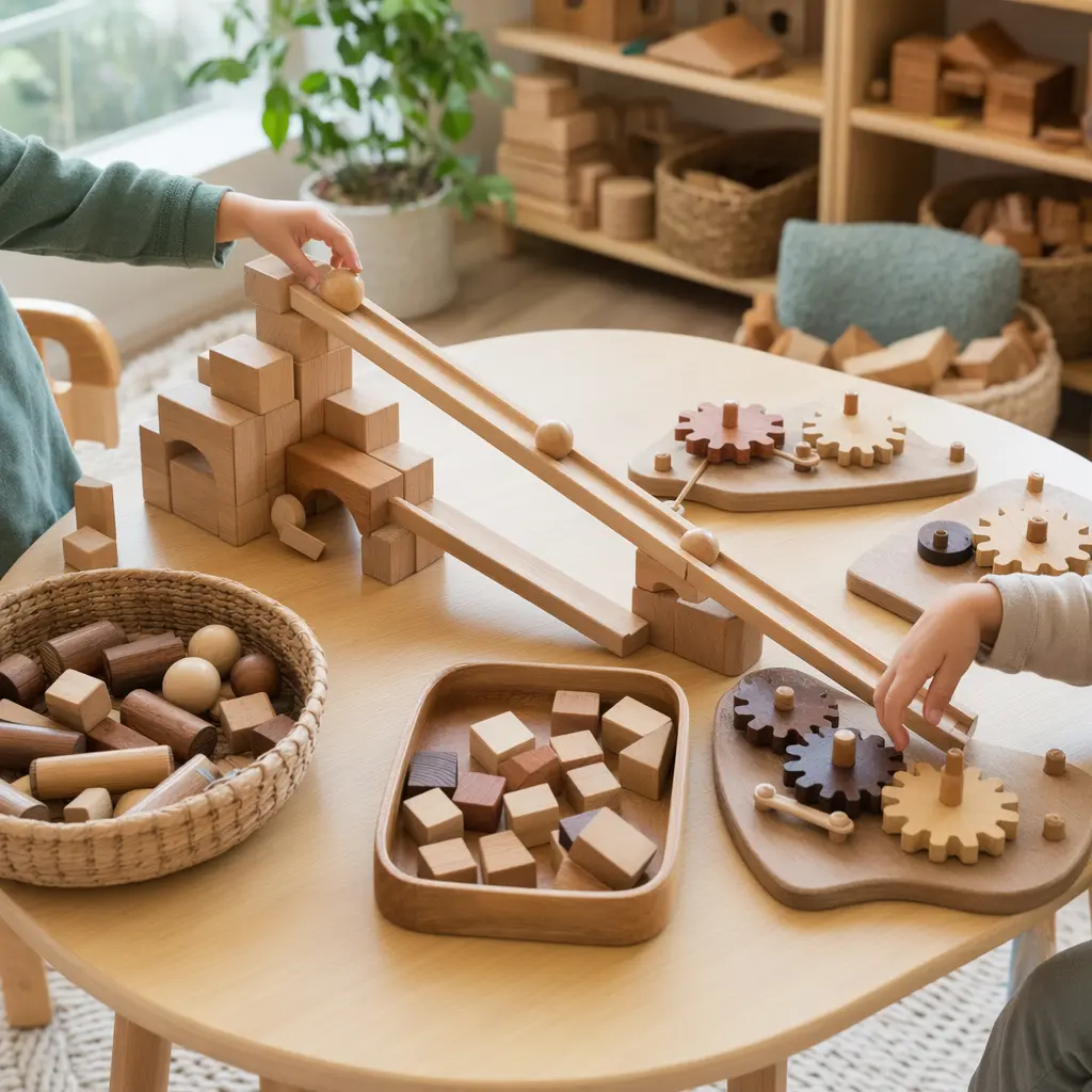Open-ended preschool STEM toys like ramps and gears set up for hands-on play