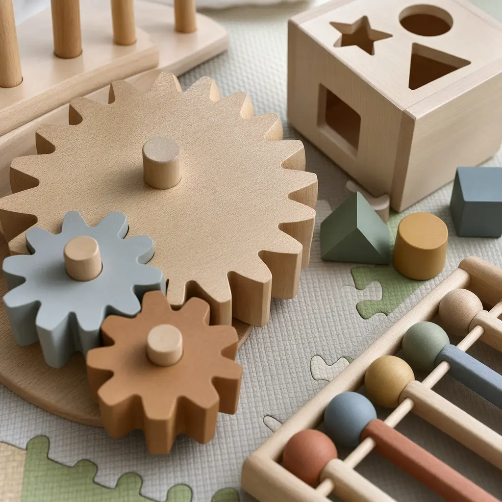 Chunky wooden STEM toys designed for preschool safety and exploration