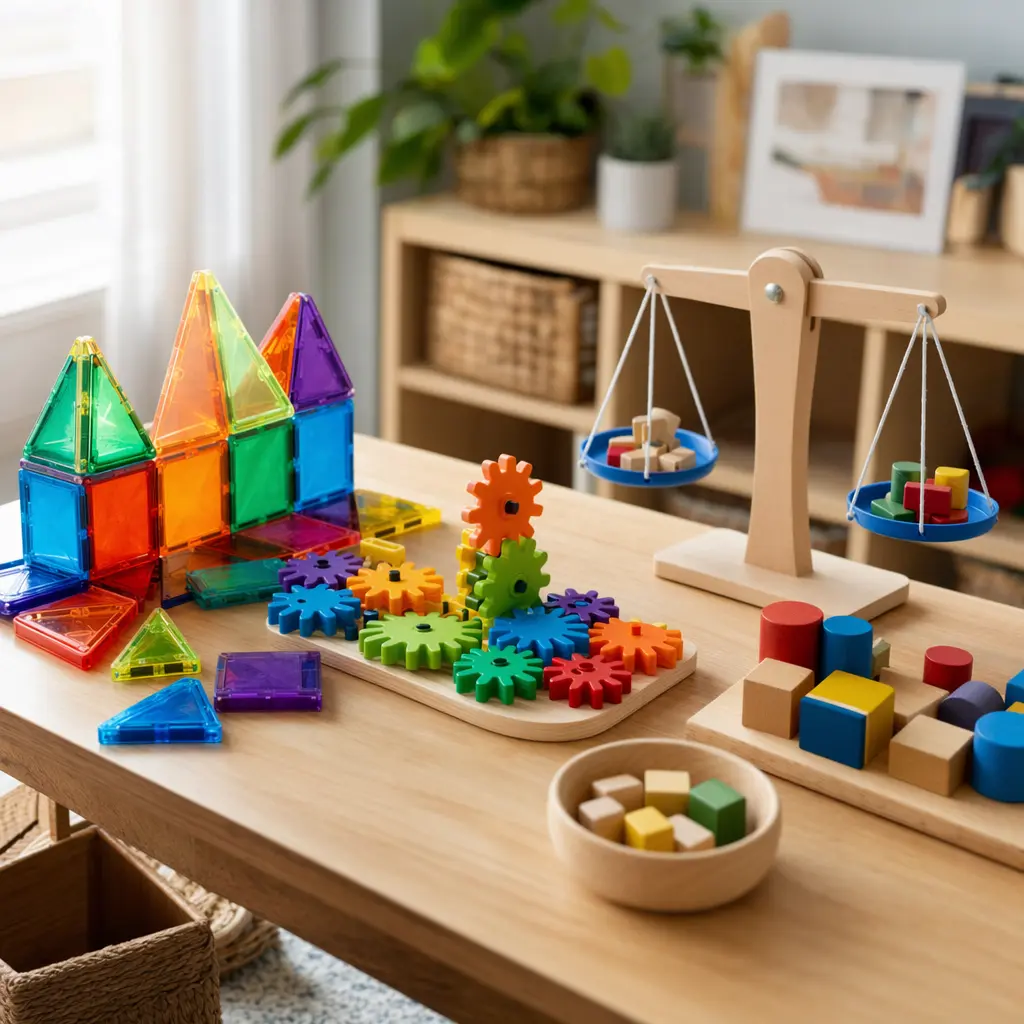 Screen-free STEM toys like magnetic tiles and wooden blocks arranged for preschool play