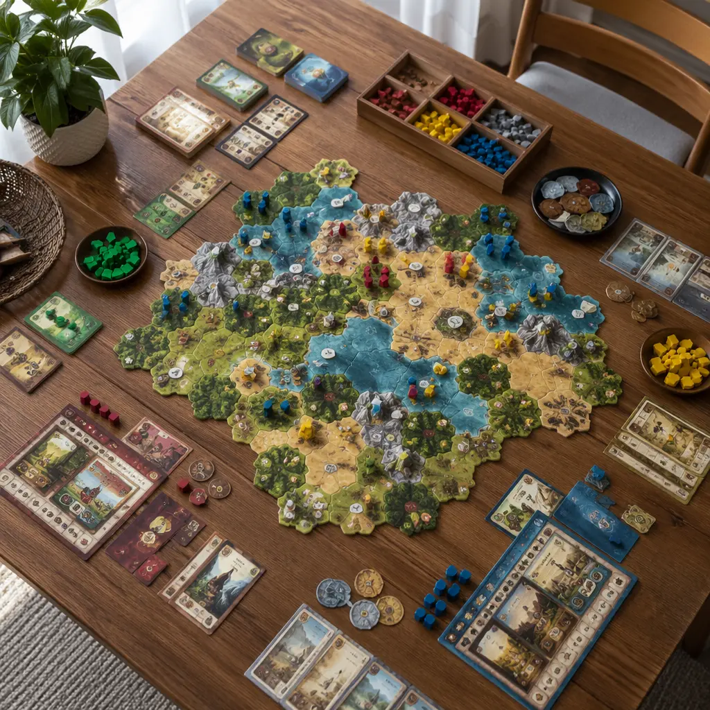 Overhead view of a strategy board game with tokens and cards arranged on a table