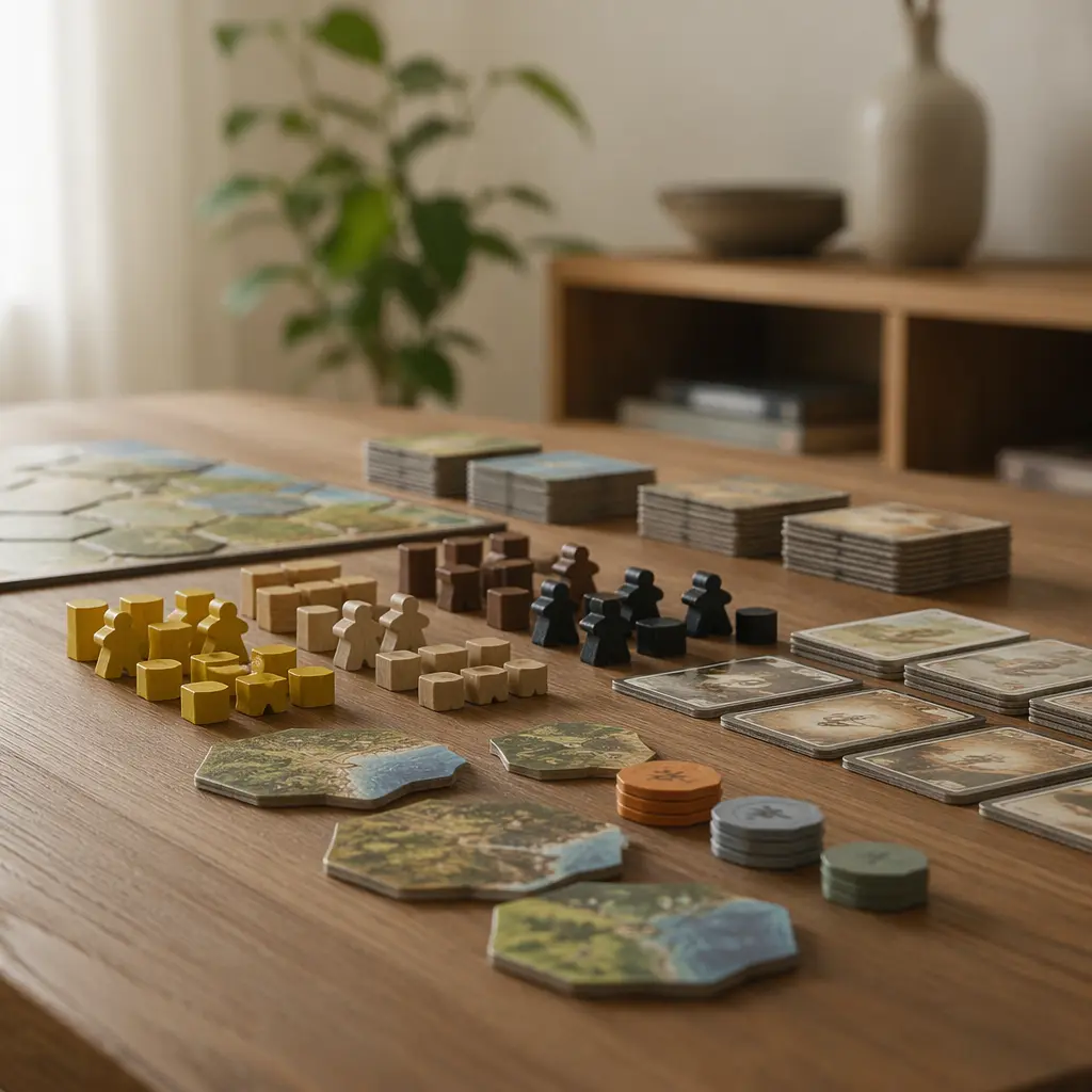 Close-up of wooden board game pieces and cards arranged on a table