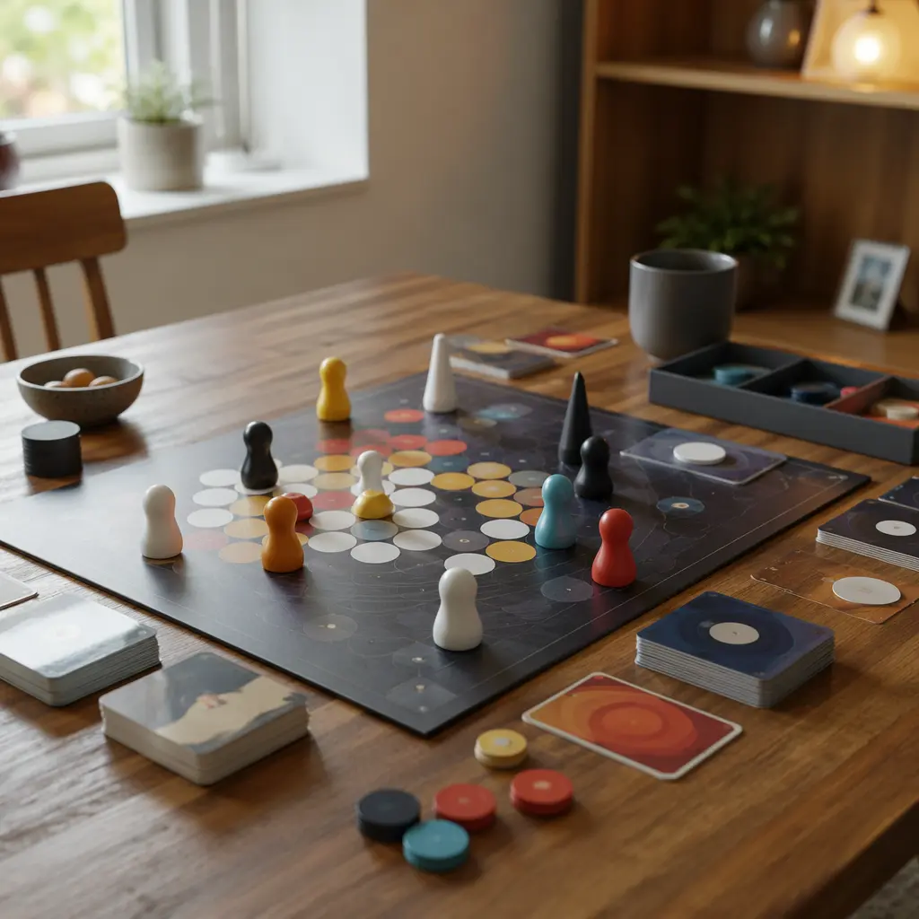 Modern strategy board game laid out on a table with pieces and cards in soft natural light