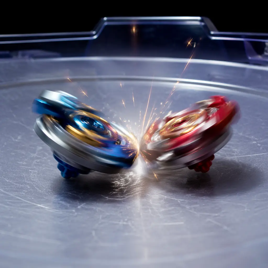 Two spinning tops colliding inside a plastic battle arena