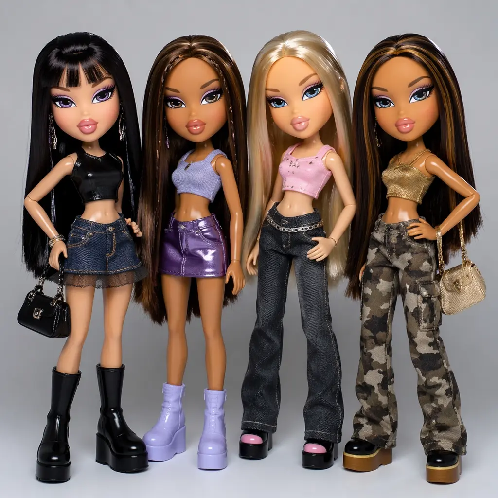 A group of bold, stylised fashion dolls wearing trendy outfits from the early 2000s