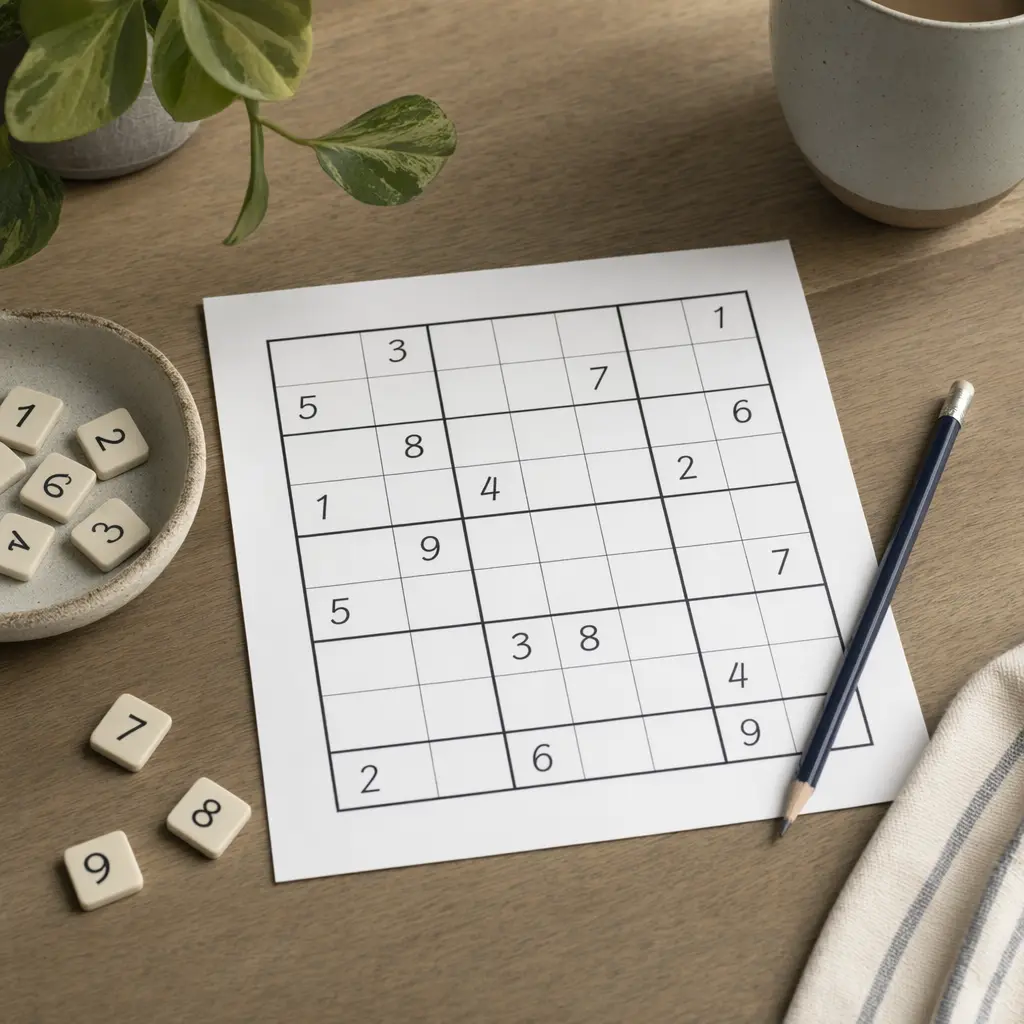 A grid-based logic puzzle in progress on a table with number tiles