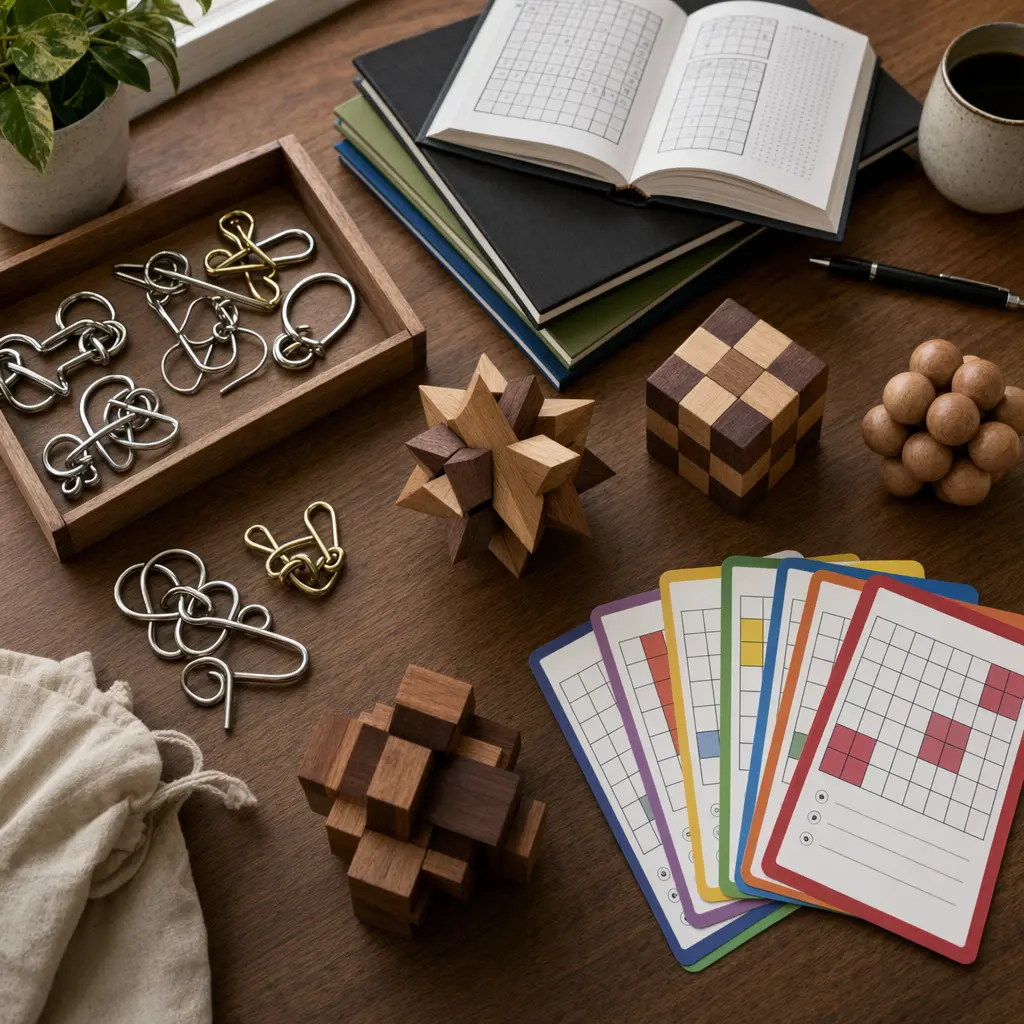 A variety of logic puzzles arranged on a table, including metal and wooden brain teasers and grid-based puzzles