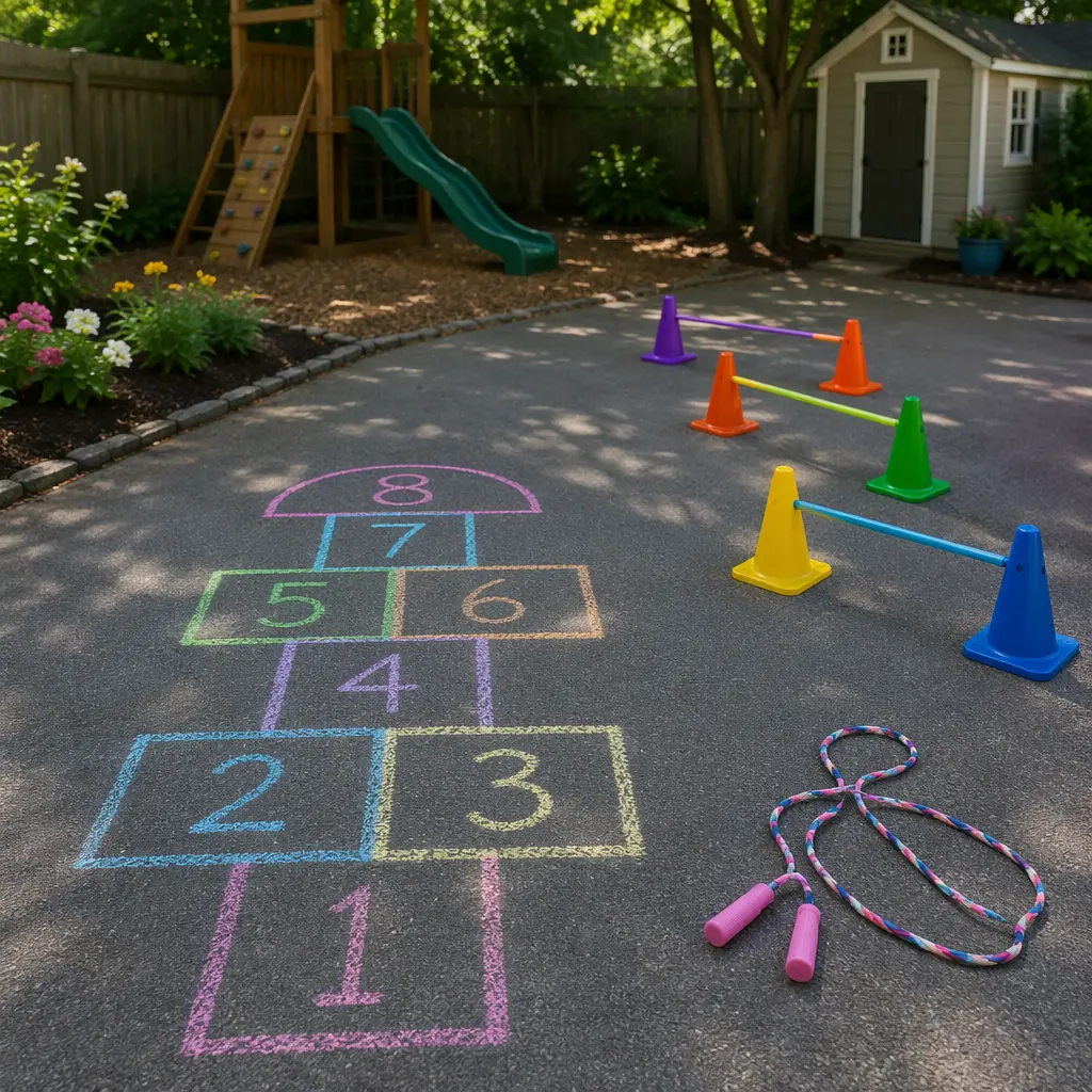 Hopscotch grid and obstacle course setup in a backyard.