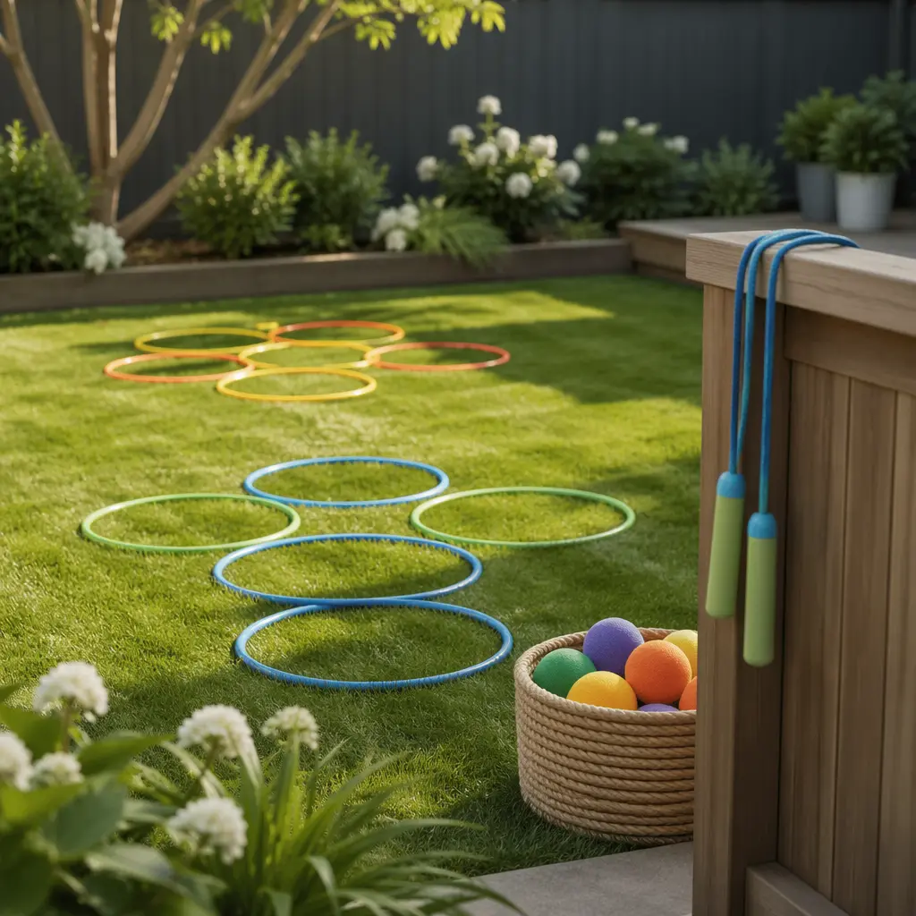 Hula hoops and foam balls arranged for outdoor play.