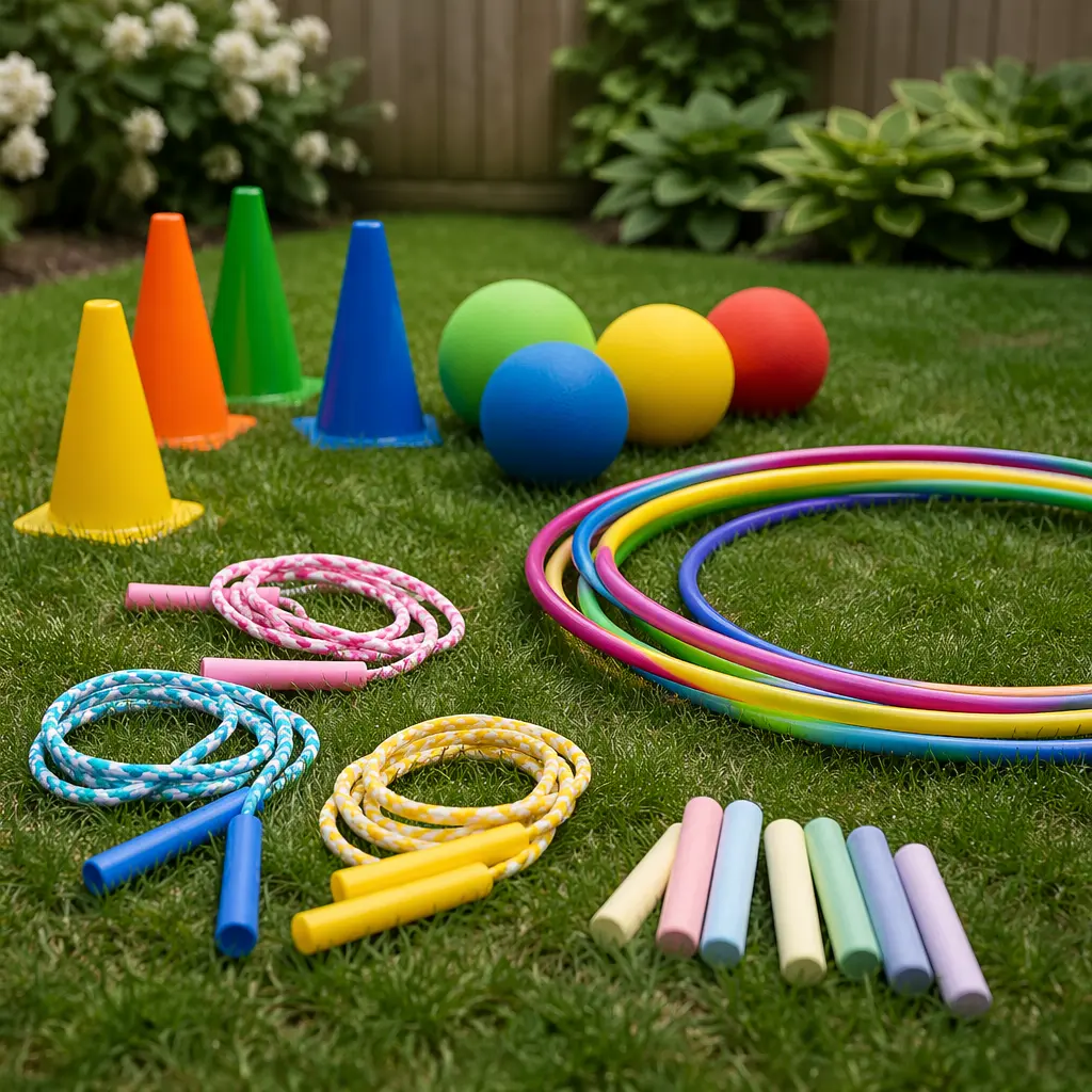 Battery-free backyard games like jump ropes, hula hoops, and balls arranged on grass.