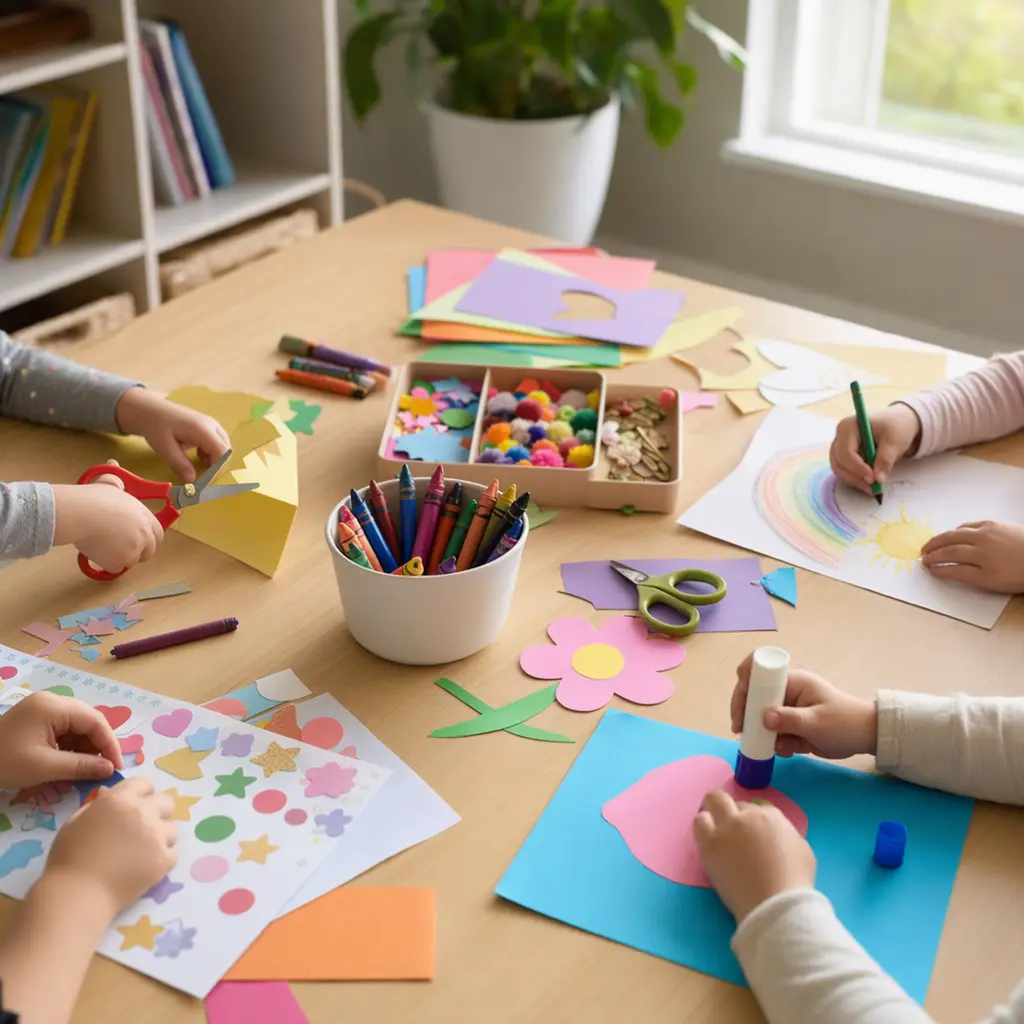 Affordable preschool craft supplies arranged on a table, showing hands-on creative play