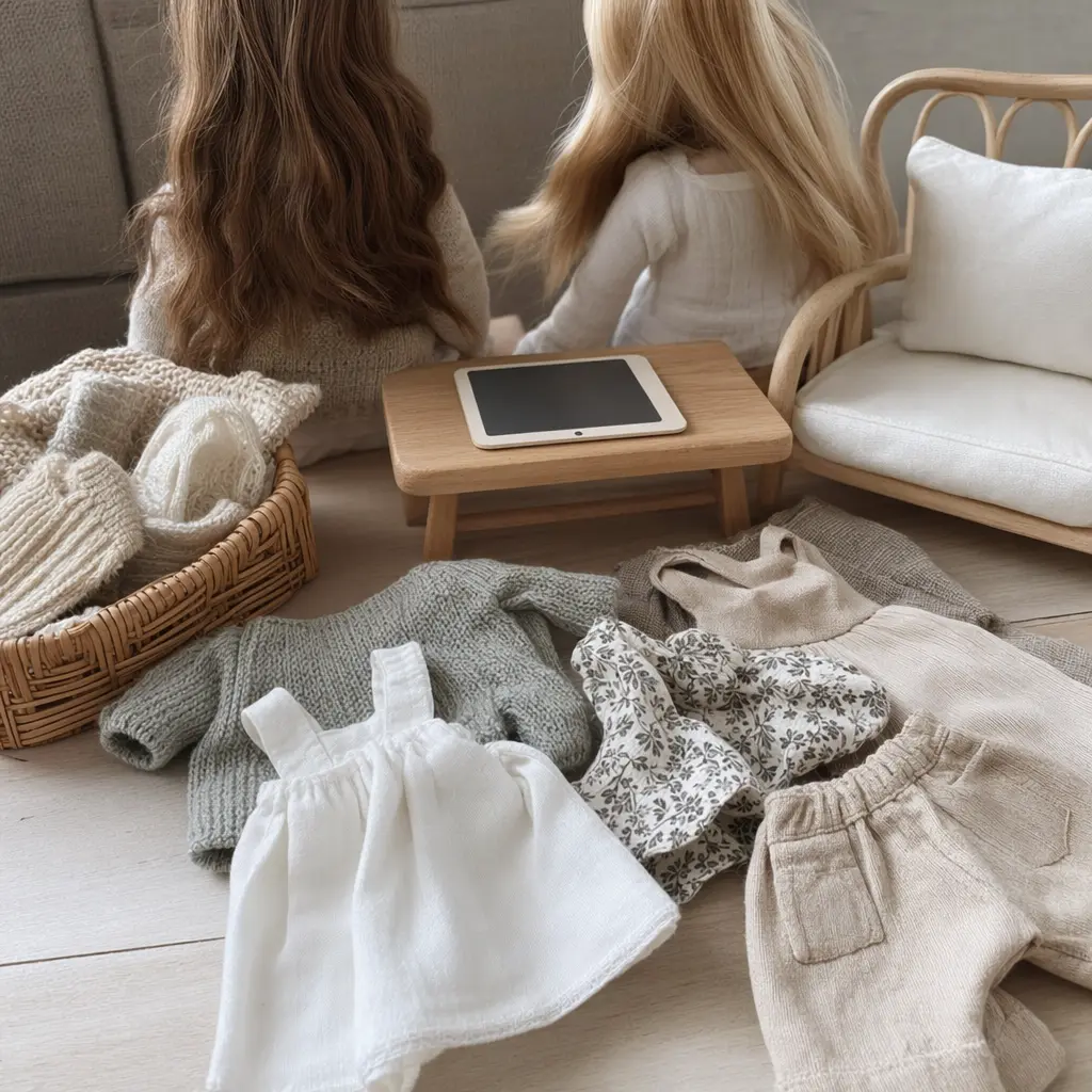 Doll accessories and interactive components arranged on a table without visible doll faces.