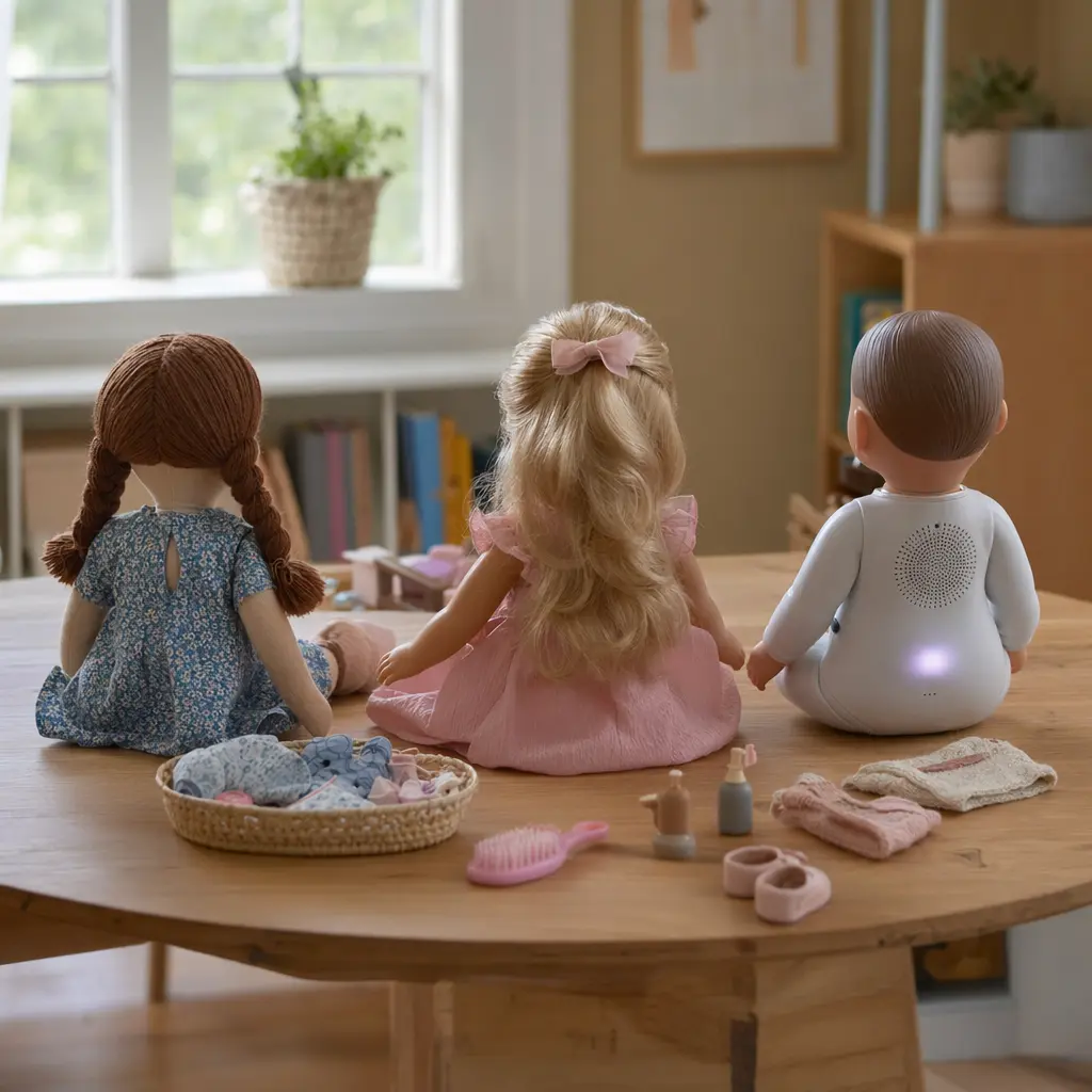 Classic dolls and a smart doll displayed side by side on a play table, shown without visible faces.