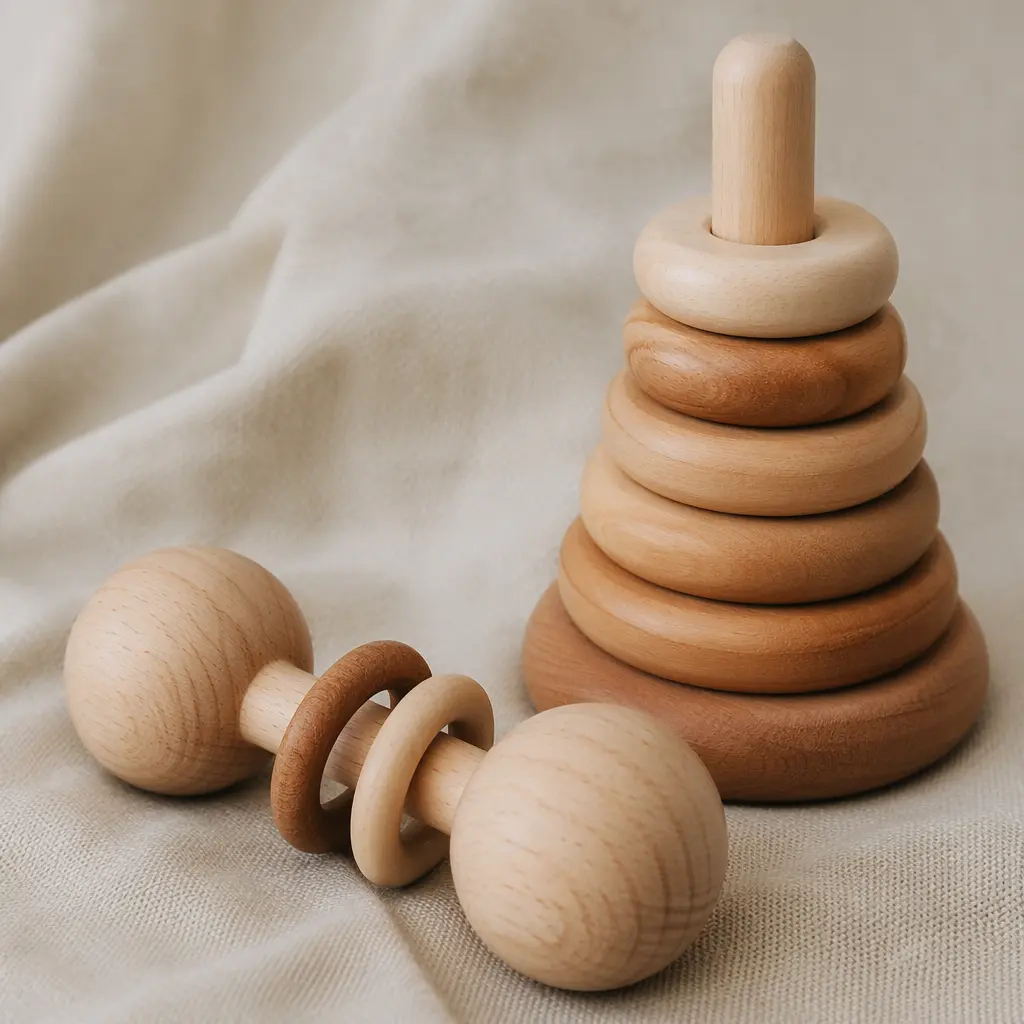 Wooden baby rattle and stacking rings in soft natural light