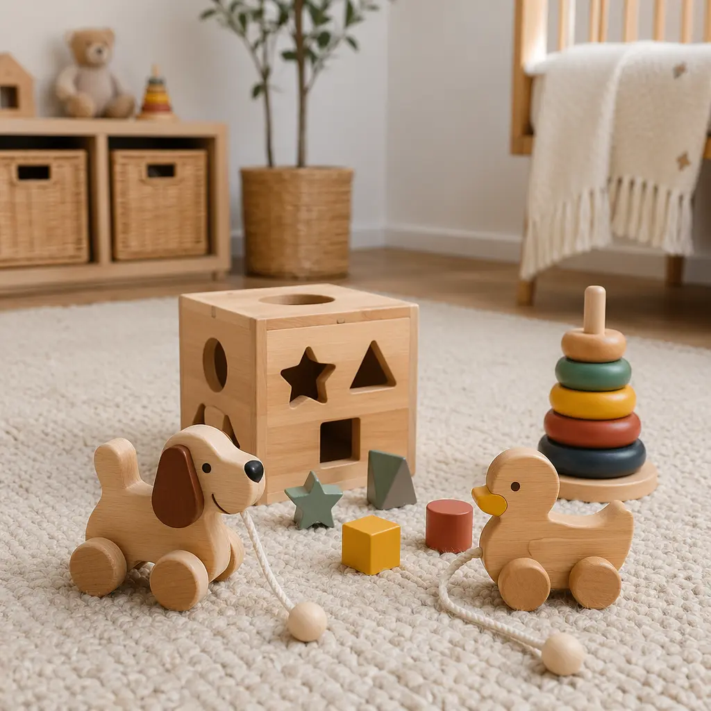 Wooden pull toys and shape sorters displayed in a bright nursery