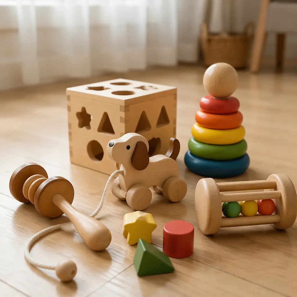 Assorted classic wooden toys for babies arranged on a wooden floor in soft natural light