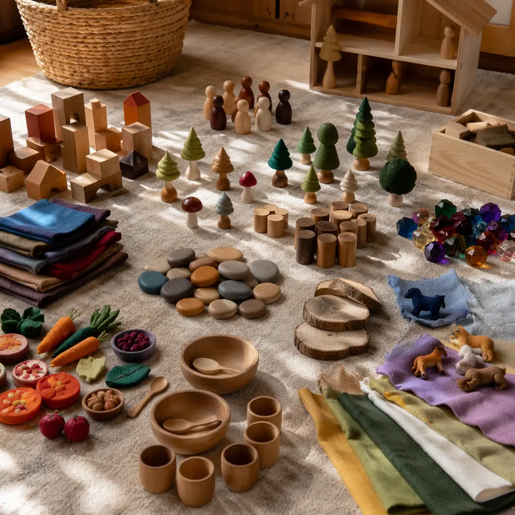 Pretend play pieces arranged for collaborative storytelling