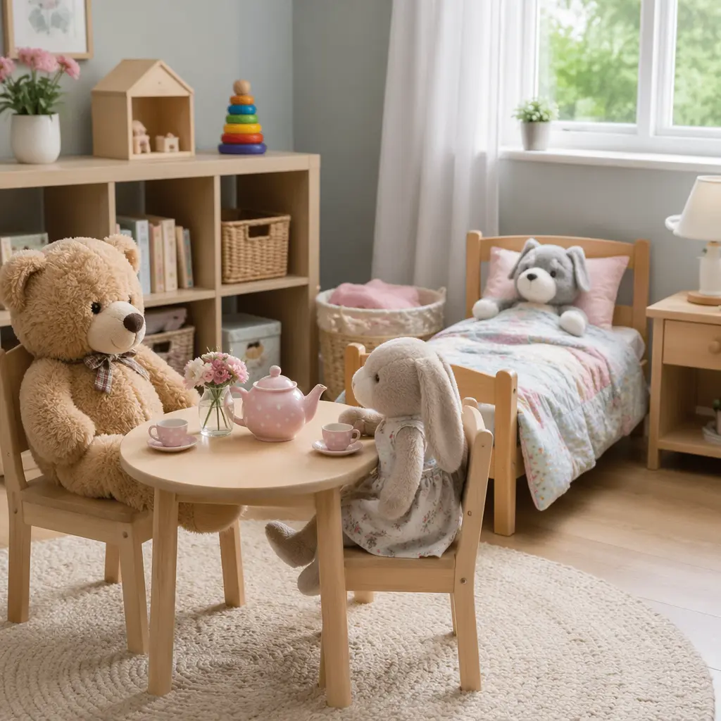 Plush toys set up in a preschool playroom for imaginative play