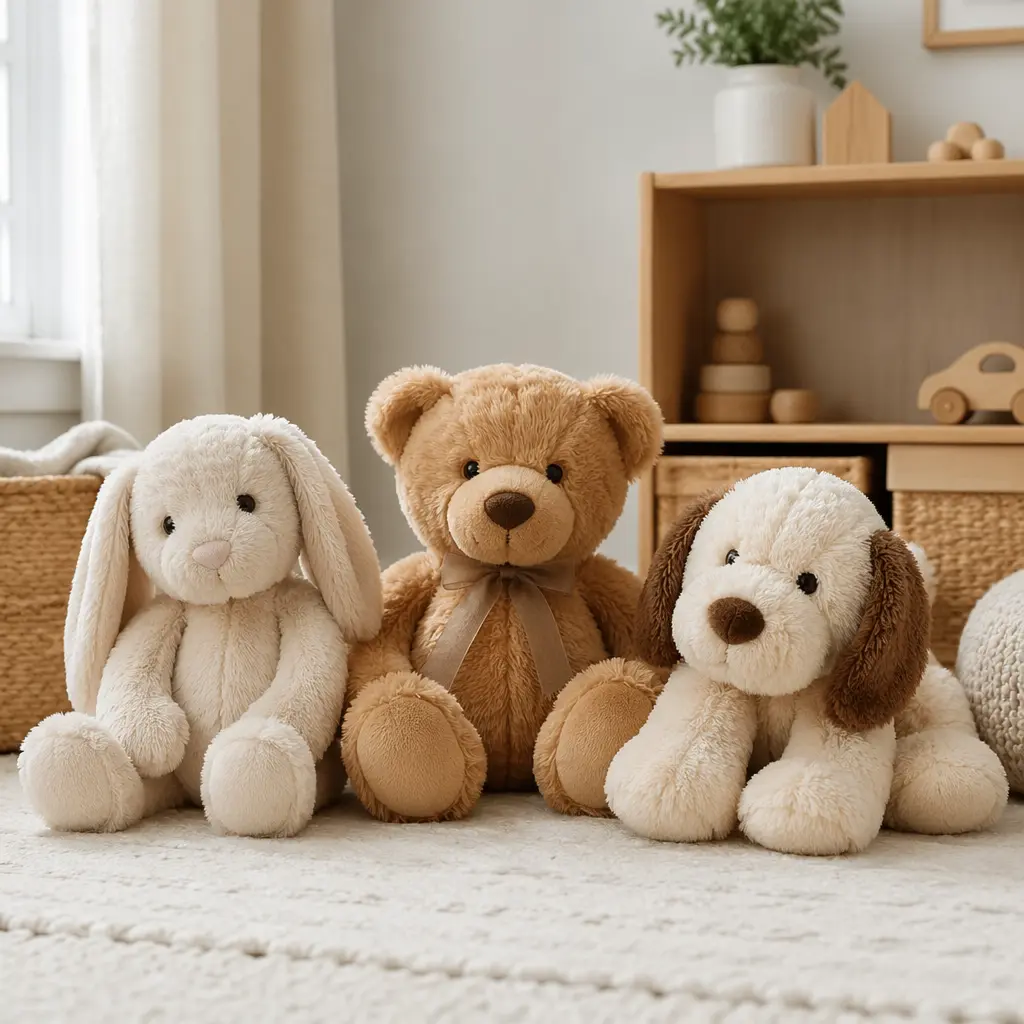 A group of classic plush toys displayed on a softly lit nursery floor