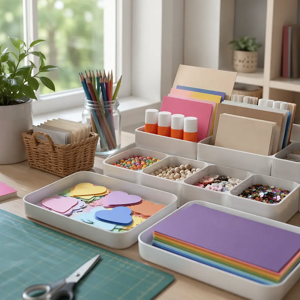 Organized craft workspace with low-mess supplies