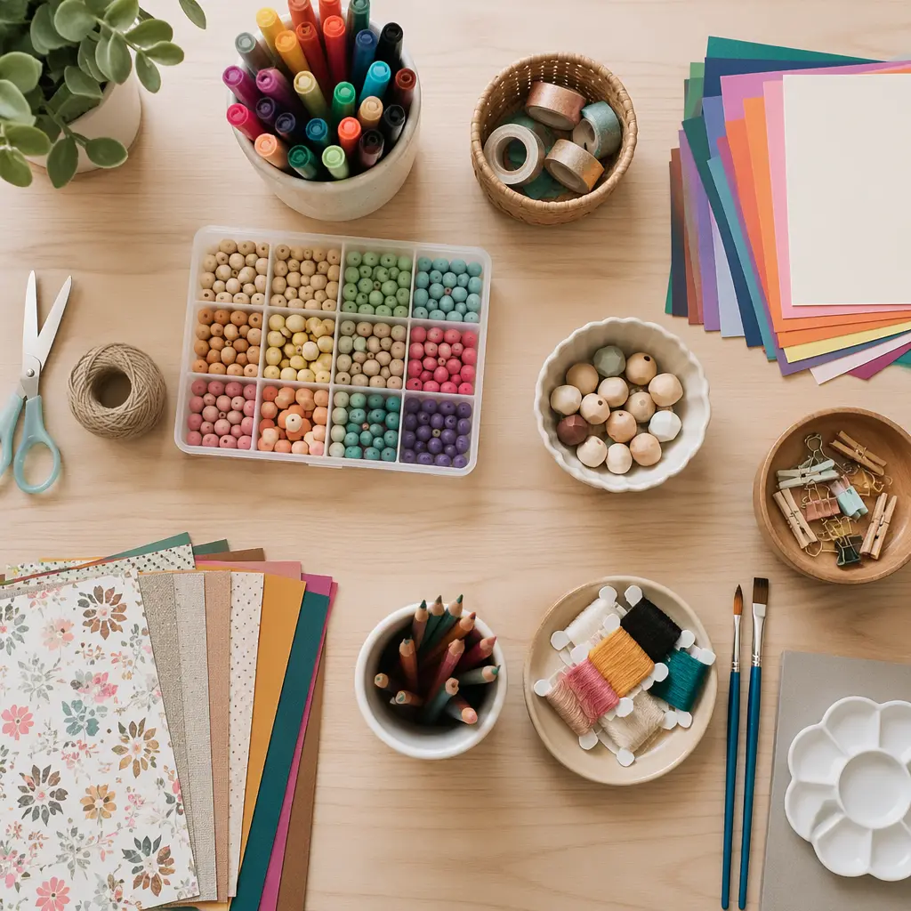 Low-mess arts and crafts supplies arranged on a table for independent play