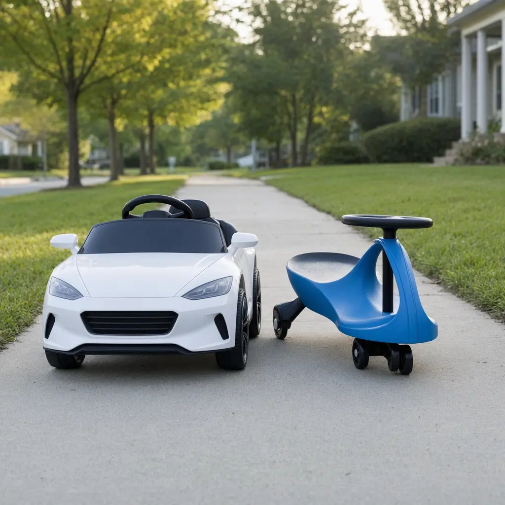 Electric and foot-powered ride-on toys displayed outdoors on a sidewalk