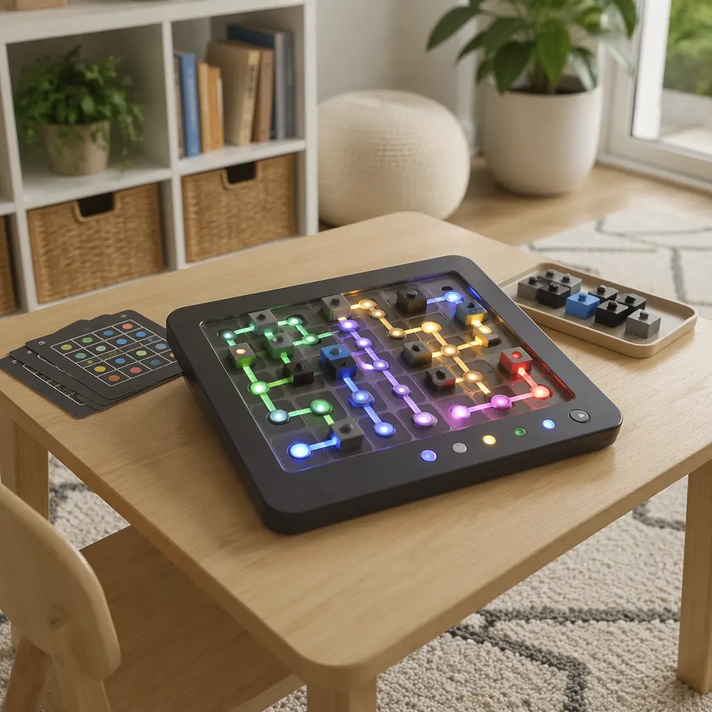 Electronic logic puzzle board with illuminated indicators on a table