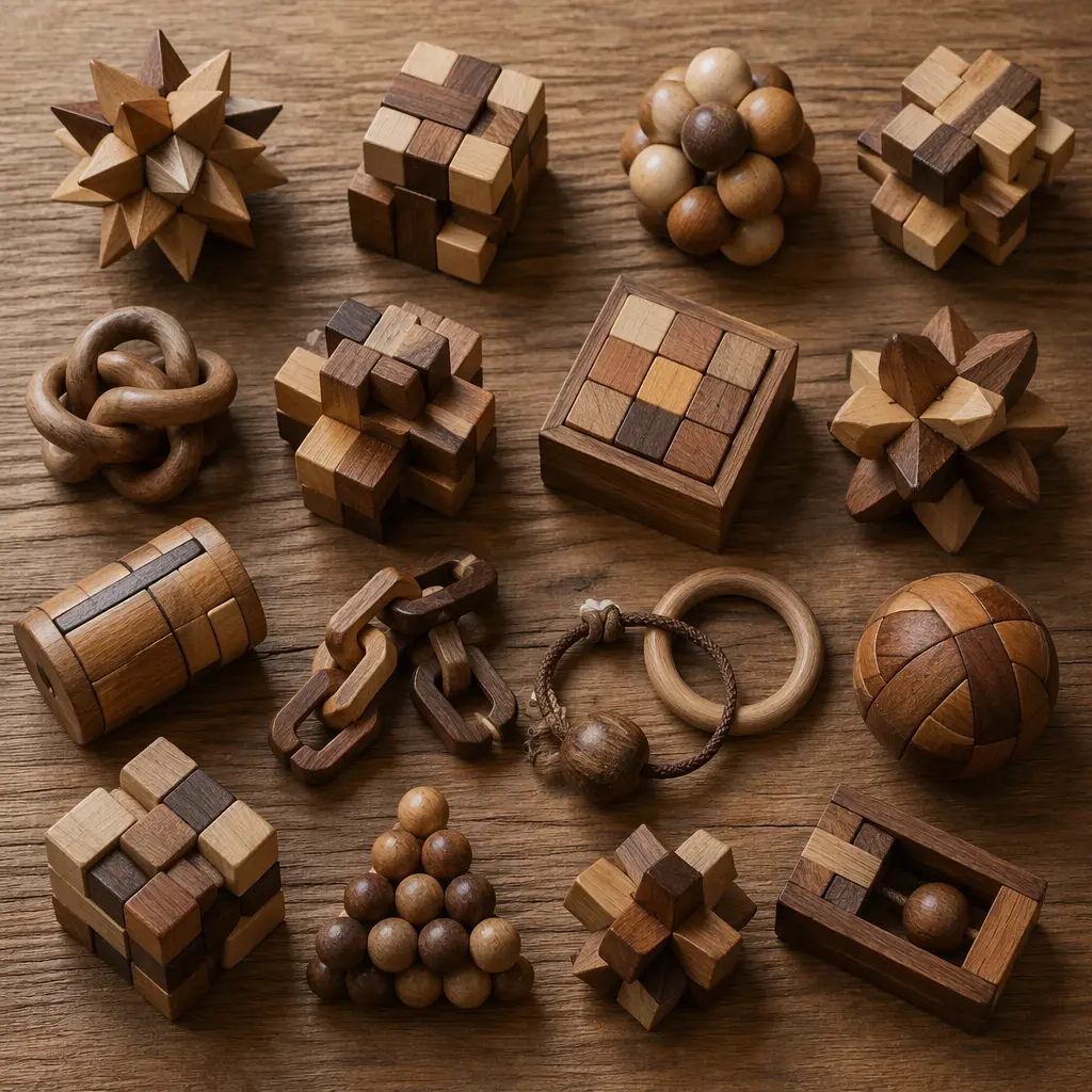 Detailed wooden brain teasers arranged neatly on a table