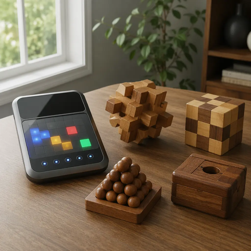 Electronic puzzle board next to traditional wooden puzzles on a table in natural light