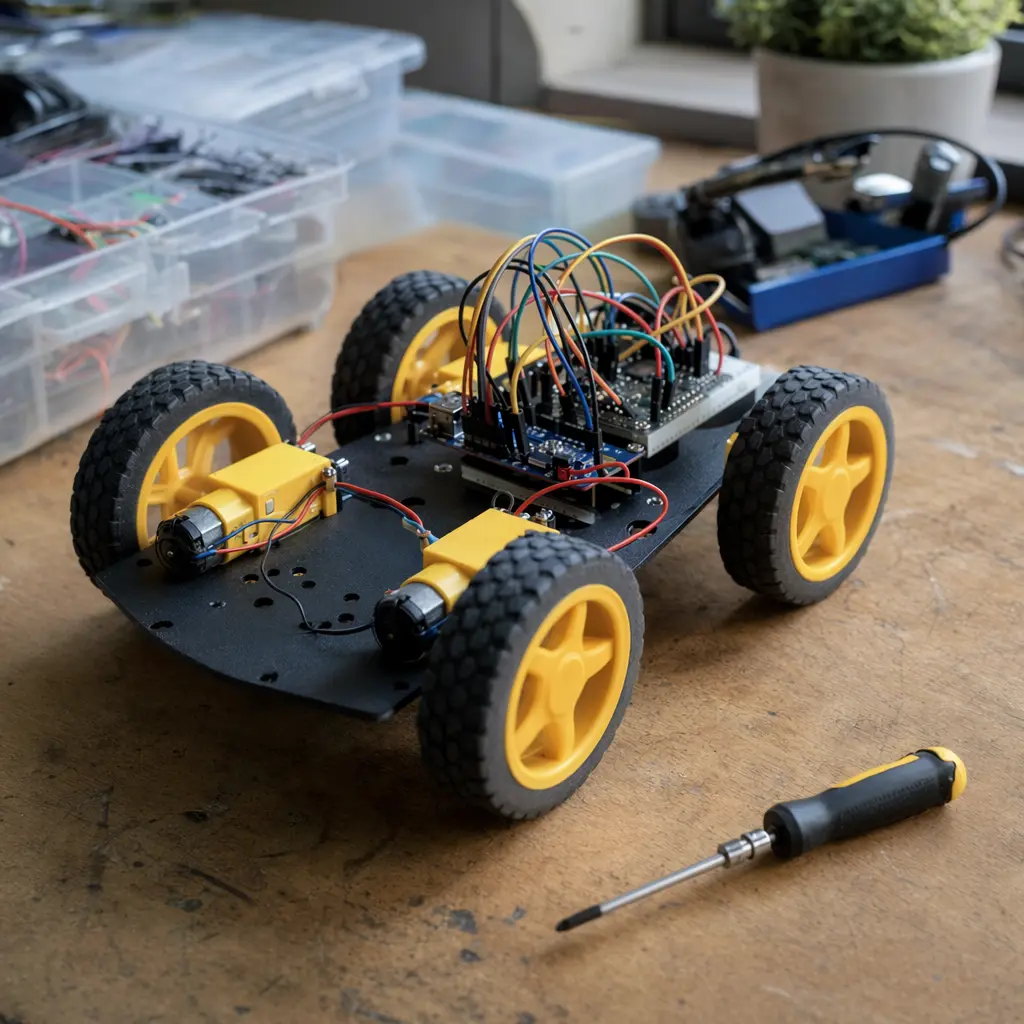 Beginner robot car with motors and wheels assembled on a workbench