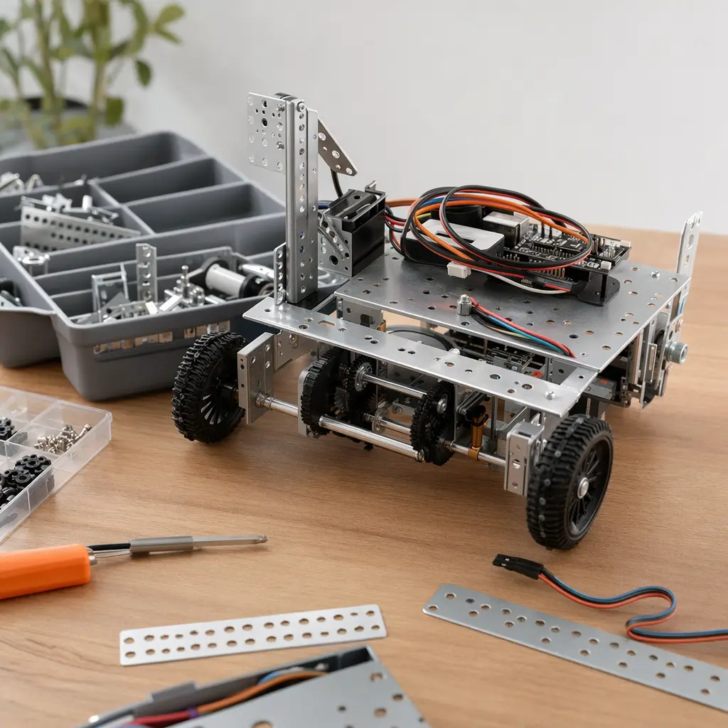 Partially assembled beginner robotics kit with gears and wiring on a clean table