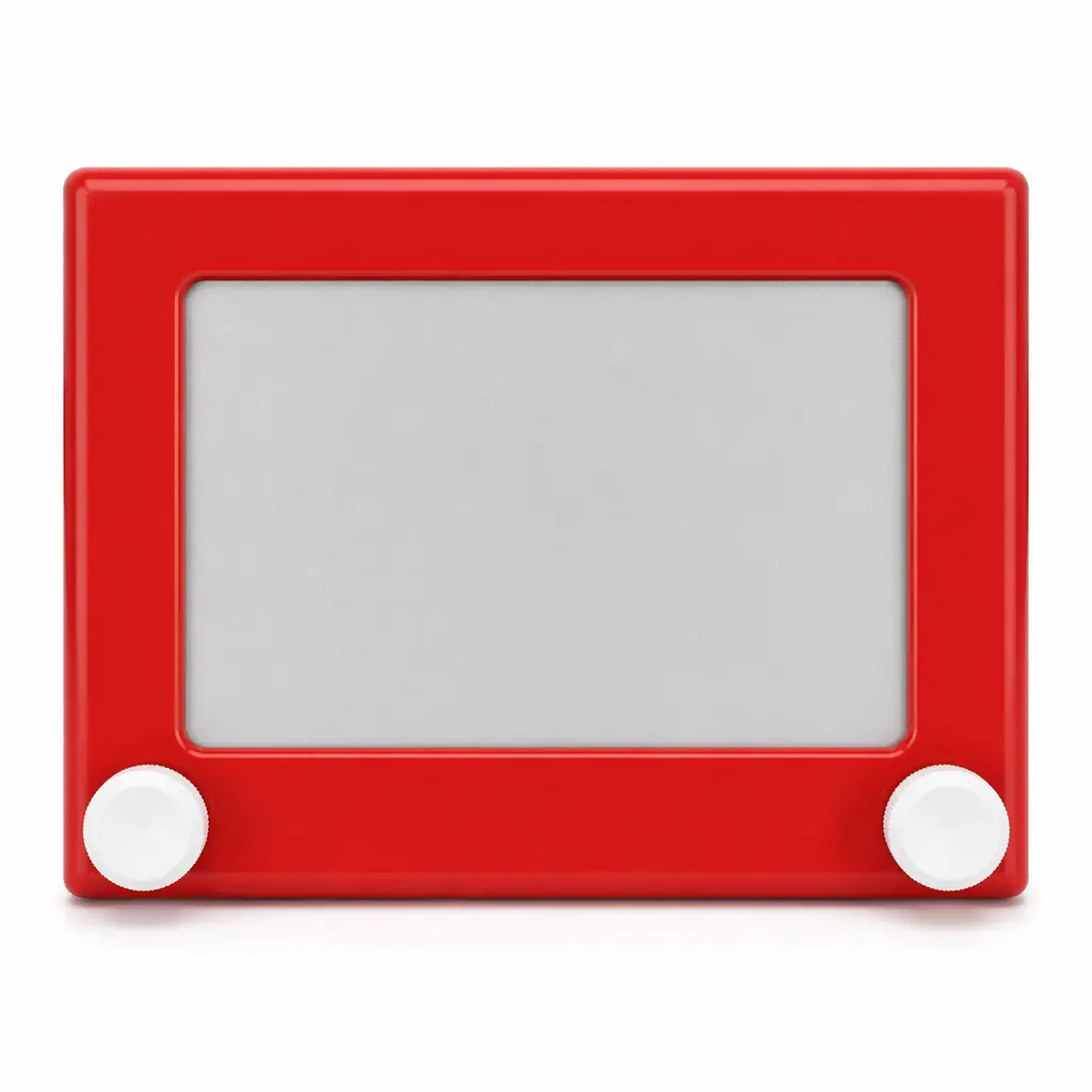 A classic red-framed drawing toy with two white knobs and a blank grey screen