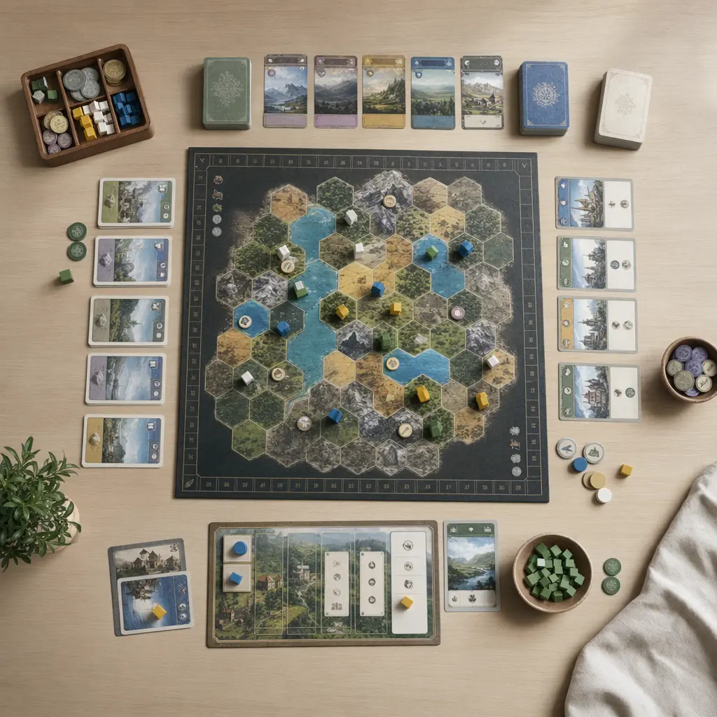 Overhead view of a fast-play strategy board game mid-game with cards and tokens