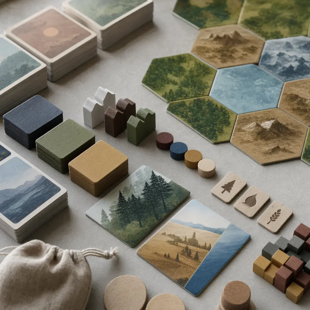 Close-up of board game components including cards and wooden tokens