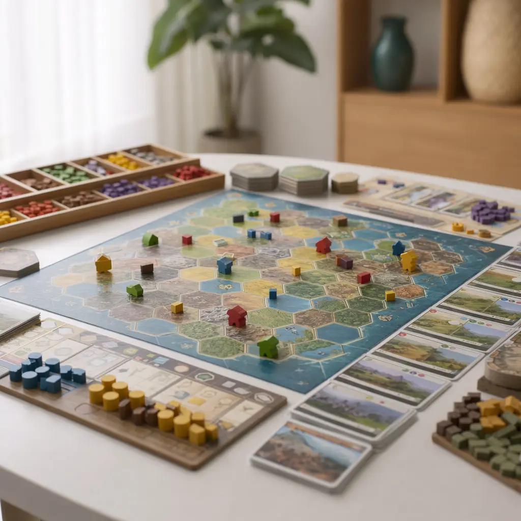 Tabletop board game with colorful pieces set up for play under soft natural light