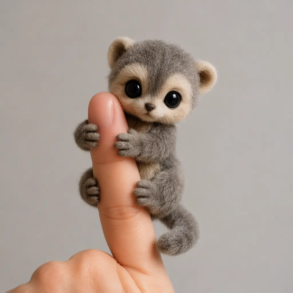 A small interactive plush toy gripping a finger in a studio setting