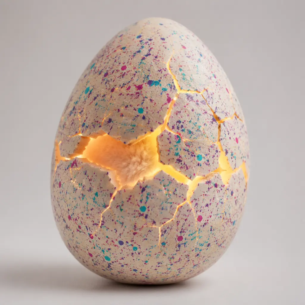 A speckled toy egg beginning to hatch with soft light glowing through cracks.