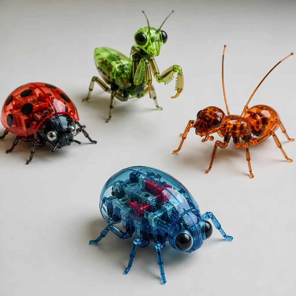 Small robotic insect toys with translucent shells shown in a clean studio setting