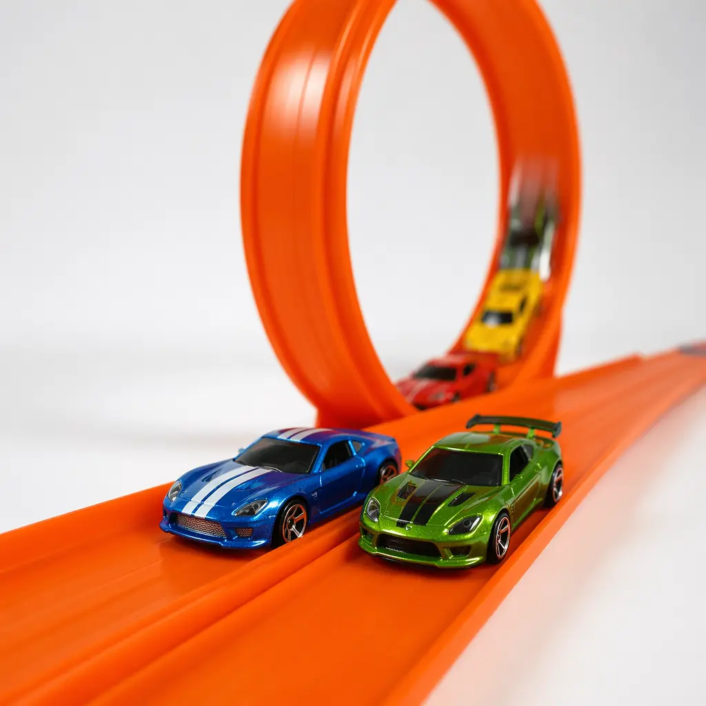 Die-cast toy cars speeding along bright orange track in a studio setting