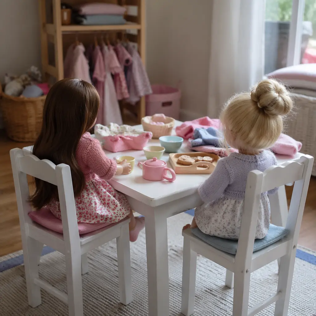 Dolls arranged with pretend-play accessories in a playroom