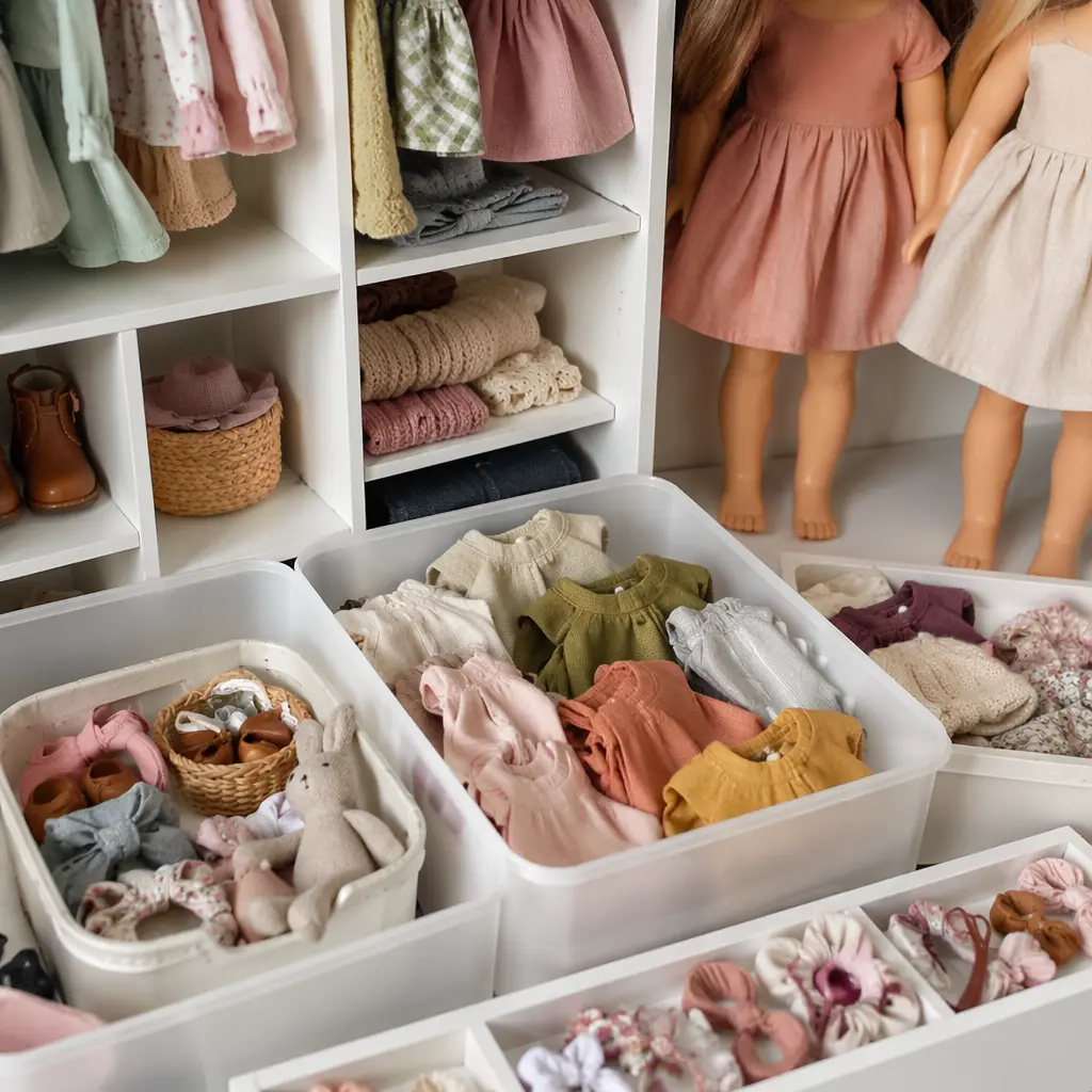 Doll accessories and outfits organized for pretend play